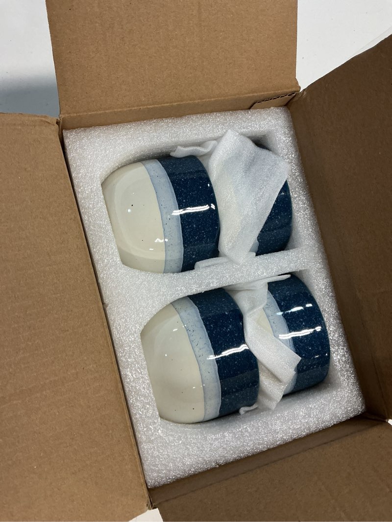 Condition photo showing New/Like New for set of 4 ceramic espresso cups-4 oz, blue & white summer coastline design, ideal for espresso, coffee, tea, & more,small ceramic coffee mugs, dishwasher & microwave safe blue-4oz