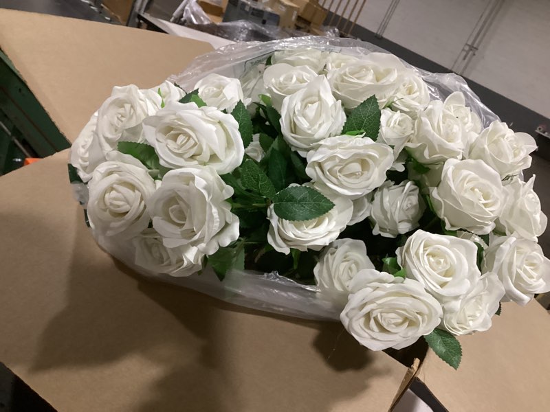 Condition photo showing Good Condition for wondrus bulk artificial flowers 50 pcs, fake velvet silk white roses with long stems realistic bouquet for wedding centerpieces, faux arrangement for home table decor white 50