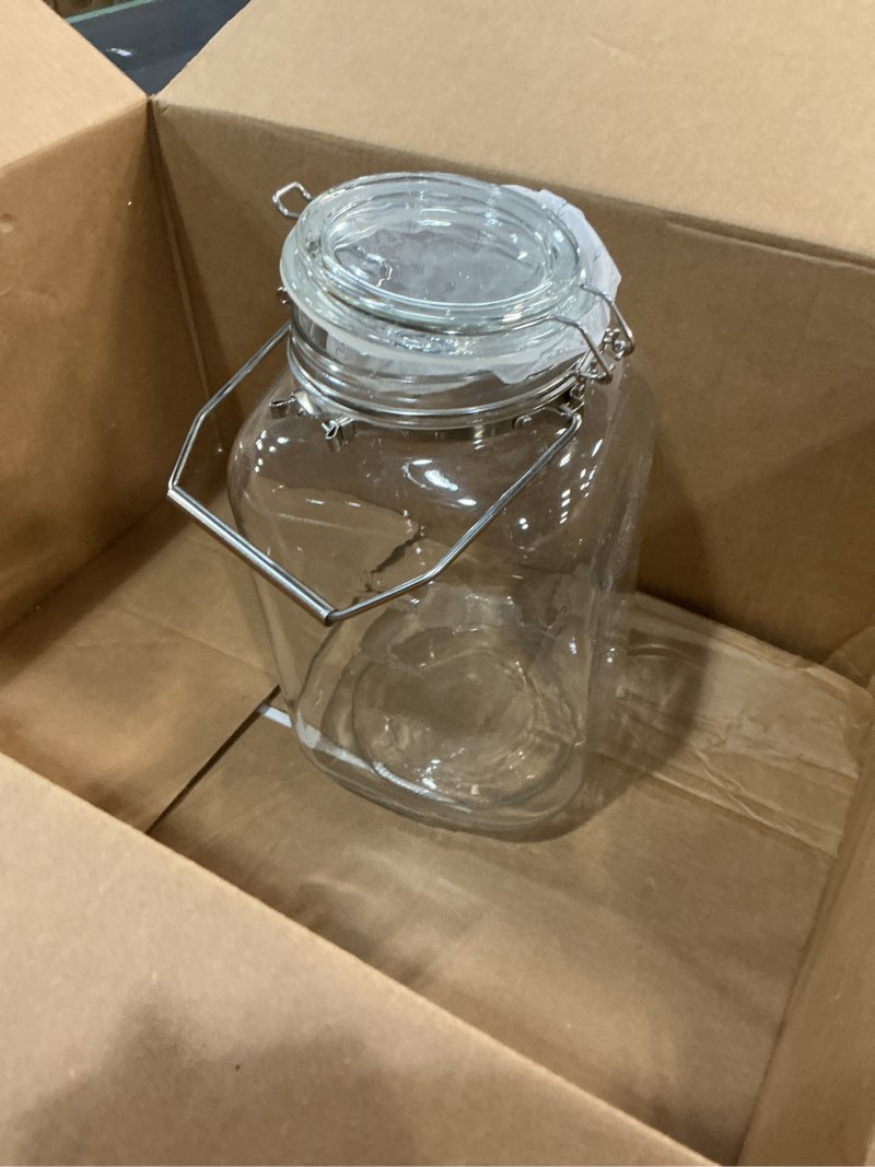 Condition photo showing As Is for [UPGRADE] 2 Pack Square Super Wide Mouth Airtight Glass Storage Jars with Lids, 1.1 Gallon Glass Container with 2 Measurement Marks, Canning Jars with Leak-proof Lid for Kitchen (Spare Gasket) Large Square