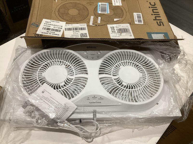 Condition photo showing As Is for shinic twin window fan, 9-inch blades reversible airflow, thermostat control, 3 speeds, 3 functions, 23.8\"-37\" expandable width, window exchaust fans for home bedroom, etl certified, similar to stock photo,not tested