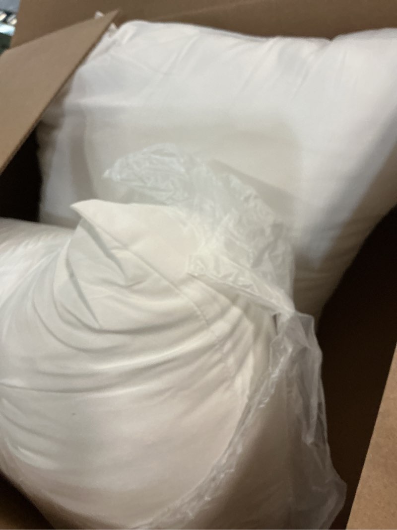 Condition photo showing As Is for miulee throw pillows inserts, pack of 2 20x20 inch 100% virgin fiber filling bed couch pillows