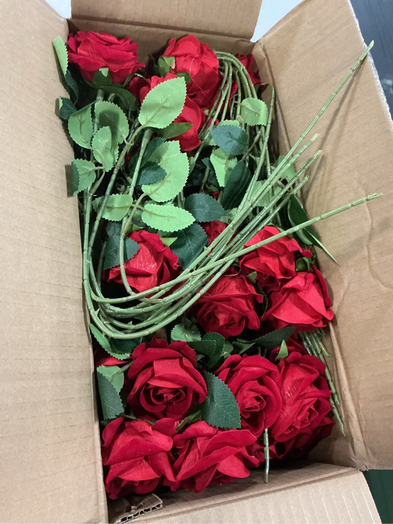 Condition photo showing Good Condition for 59 Pcs Artificial Roses Bulk Velvet Silk Roses Red Rose Flowers for Wedding Centerpieces Bridal Bouquet Mohter's Day Valentine's Day Christmas Home Decor (59, Red) Red 59