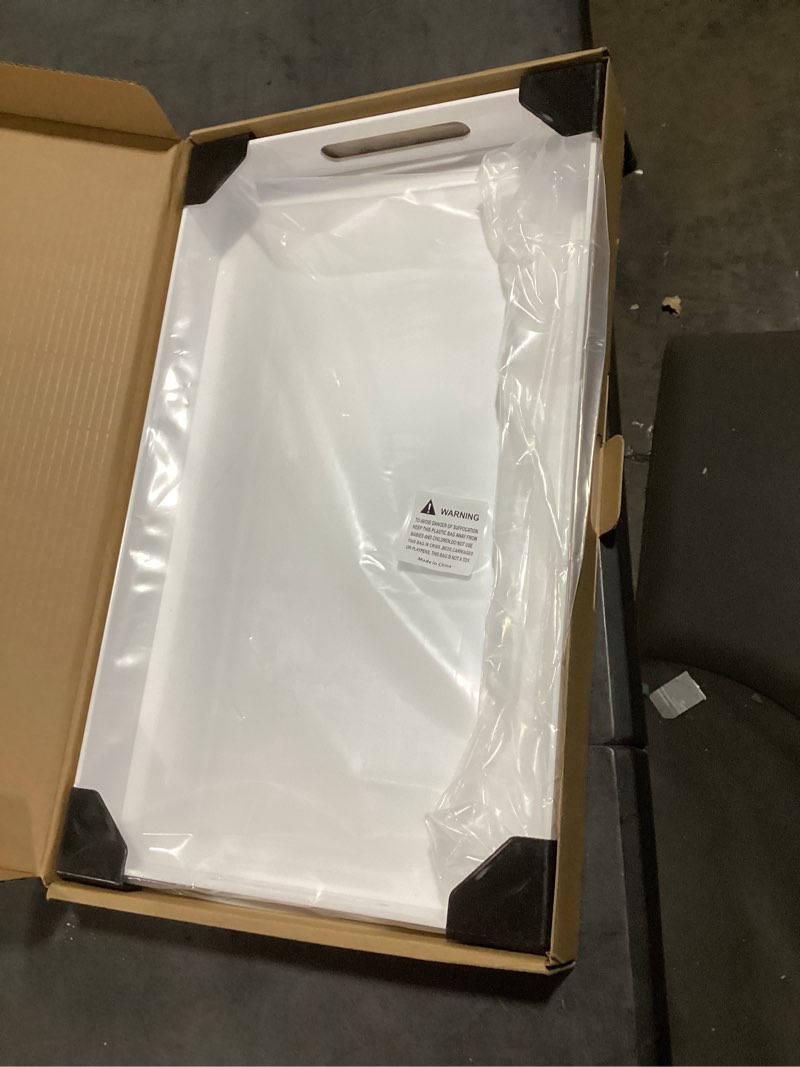 Condition photo showing New/Like New for glossy white sturdy acrylic serving tray with handles 12x20x2h inches -spill proof- decorative trays countertop organizer for ottoman coffee table nightstand, sidetable, breakfast, tea, food glossy white 20" x 12" x 2"