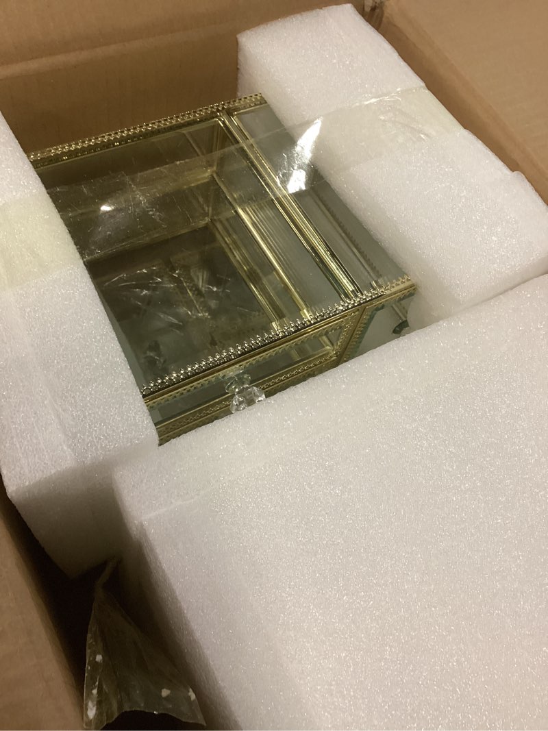 Condition photo showing Good Condition for clear makeup organizer with gold frame – countertop vanity organizer for skincare, lipsticks, perfume & brushes – bathroom cosmetic storage display box glear