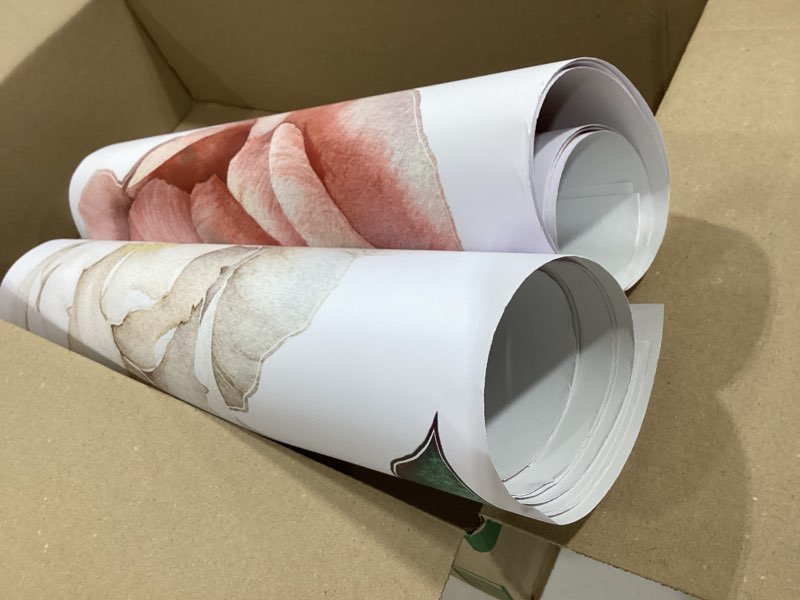 Condition photo showing As Is for wallpaper pieces, pink and white floral print