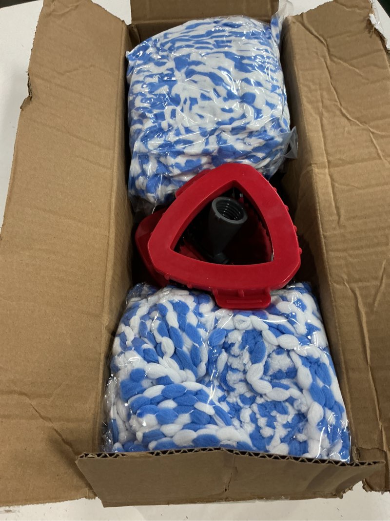 Condition photo showing Good Condition for spin mop replace heads for o cedar rinse clean 2 tank system, spin mop replacement head 4 microfiber mop refills, 1 triangle head cover and 30-58in handle 1 1scrub brush blue 4refills+1 base+1 handle+1scrub brush