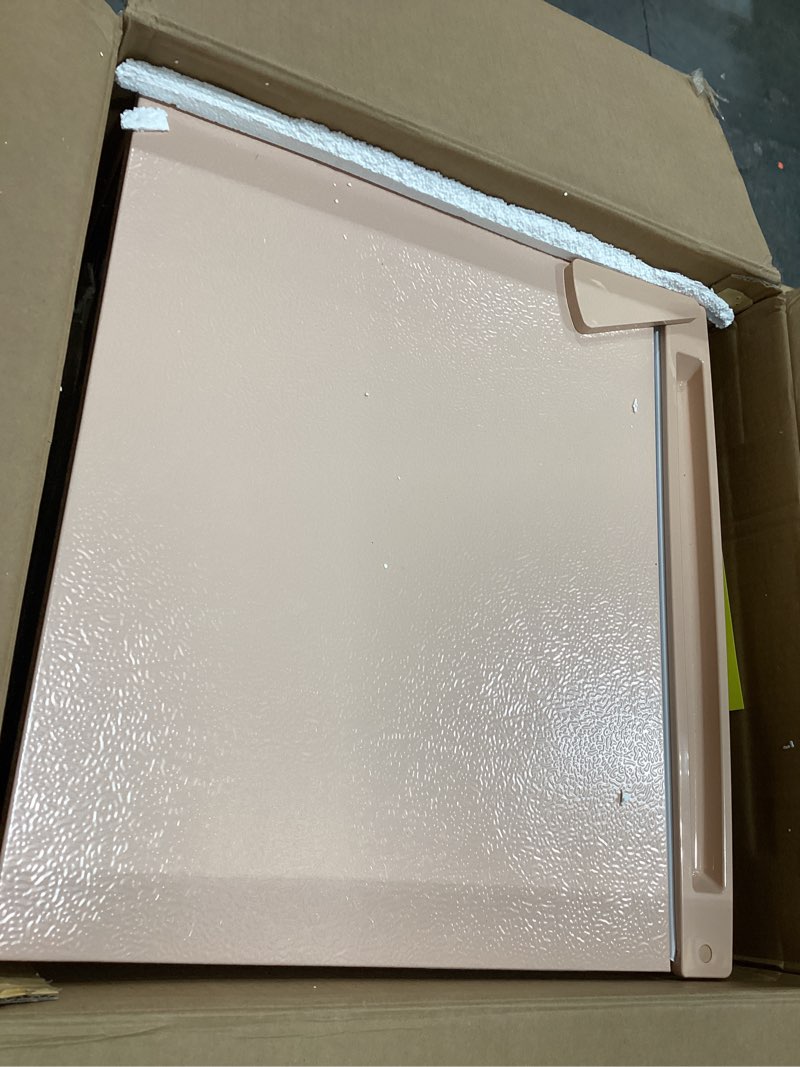 Condition photo showing Good Condition for frigidaire retro compact fridge with chiller, 3.2 cu ft countertop fridge with built-in bottle opener, compact refrigerator for office, bedroom, dorm room or cabin - 16.5" d x 19" w x 31" h (coral) pink