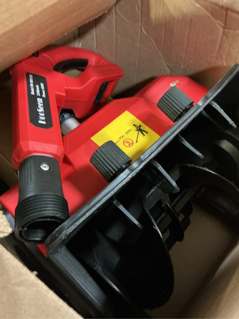 Condition photo showing As Is for Cordless Snow Shovel, 21V Electric Cordless Snow Blower with Battery and Charger, 19FT Throw Distance, Lightweight 9.9lb for Driveway, Steps, Patio, Sidewalk(Red)
