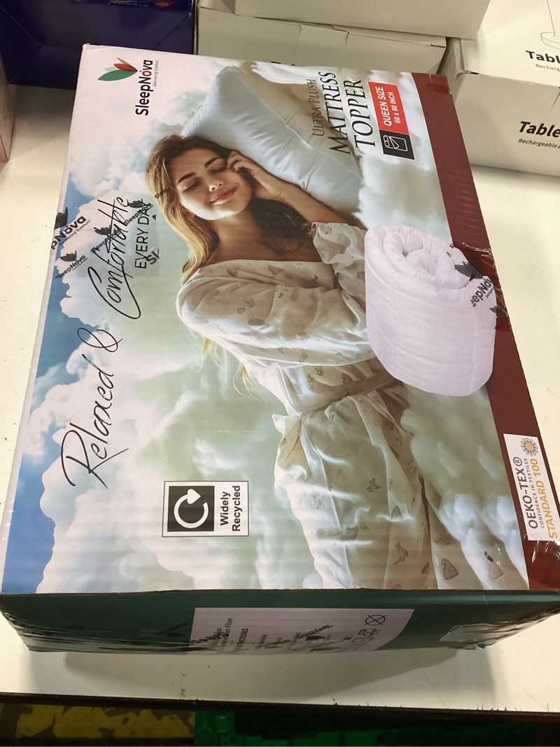 Condition photo showing New/Like New for sleepnova's cooling mattress topper queen size bed – 100% cotton pillow top that keeps you cool, relieves back pain & adds cloud-like comfort with deep pocket fit (8”-21”), soft & machine washable