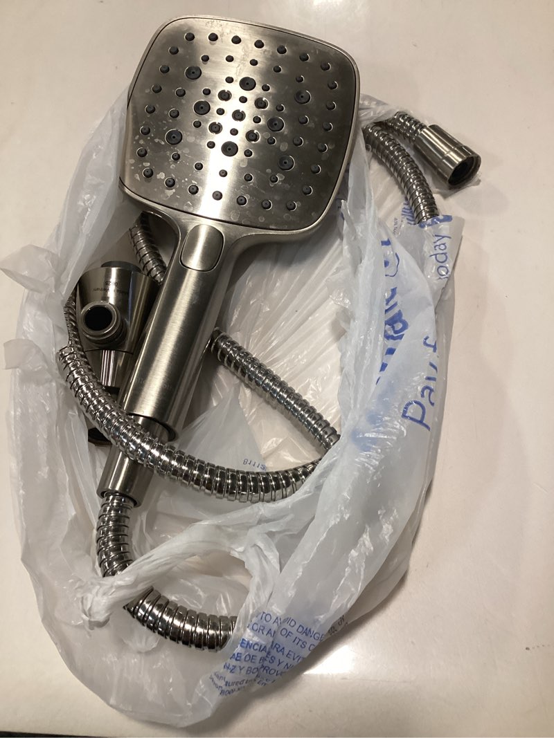 Condition photo showing New/Like New for 6-Setting Shower Head with Handheld, JDO High Pressure Hand held Shower Head, 4.7 Inch Chrome Detachable Showerhead Set with 59 Inch Stainless Steel Hose and Adjustable Showerhead Holder 6 Modes Chrome