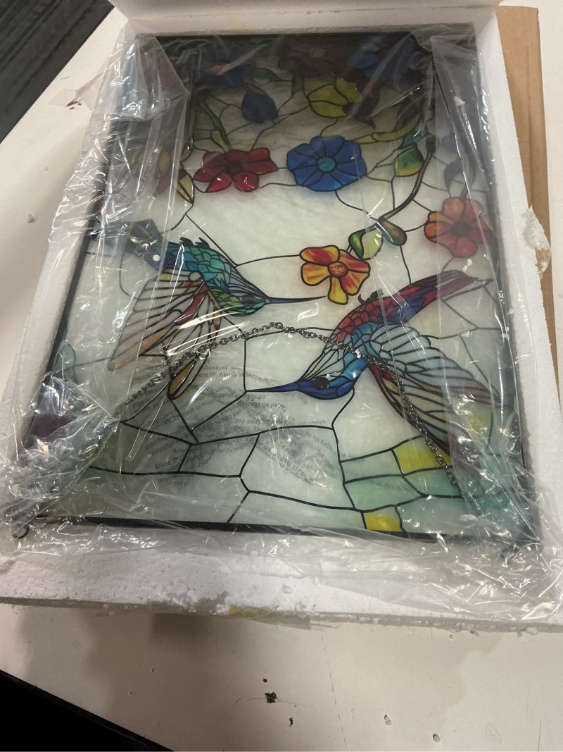 Condition photo showing Good Condition for Stained Glass Window Hanging, Hummingbird Suncatchers for Windows Hanging, Handcrafted Sun Catchers Indoor Window Panel for Home Decor, Gift for Mom, Wife, Friends, Rectangular W10 xH15 Hummingbirds and Blooming Flowers