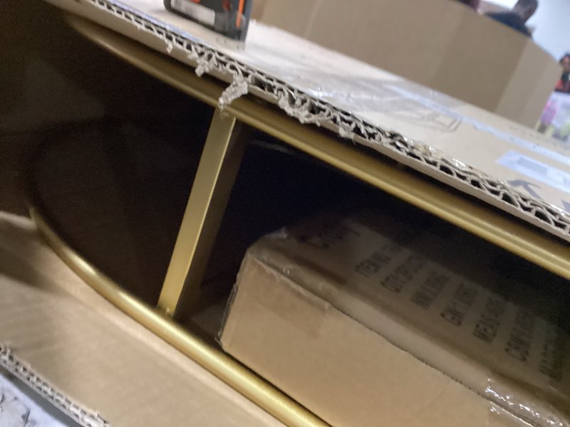 Condition photo showing As Is for Crofy Gold Arched Frame Wall Shelf, Decorative 2 Tier Bathroom Wall Shelf with Transparent Tempered Glass Shelves and Robust Storage Capacity, 6" D x 17.9" W x 19.18" H Gold Frame & Transparent Shelf 2 Tier