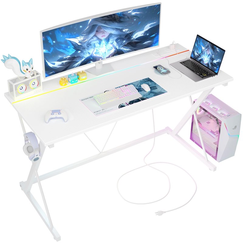 tiqlab gaming desk with power outlets & led 40 inch ergonomic computer carbon fiber surface, pc work