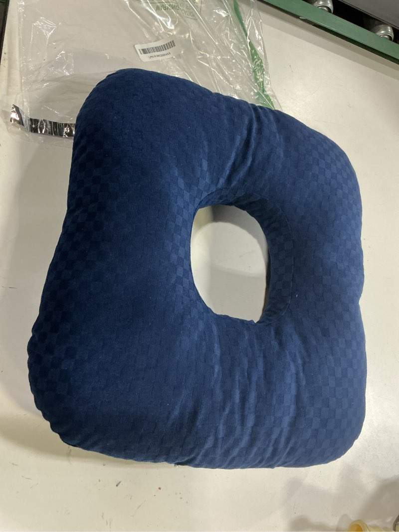 Condition photo showing As Is for stuffed donut pillow seat cushion | for tailbone and coccyx pain, hemorrhoids, bed sores, pregnancy, prostate, surgery recovery, sitting pressure relief, for home, office and car (dark blue)