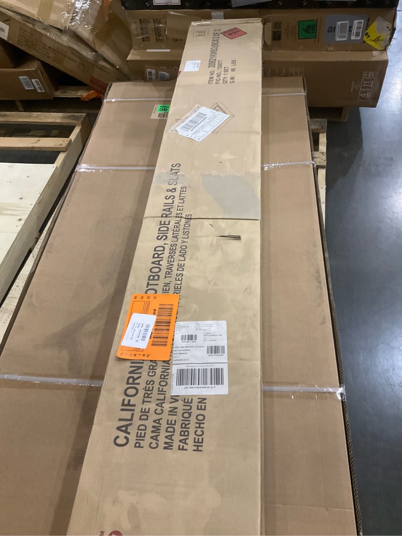 Condition photo showing As Is for Benjara Fabric Upholstered California King Size Bed with Button Tufted Details, Gray,BM206534
