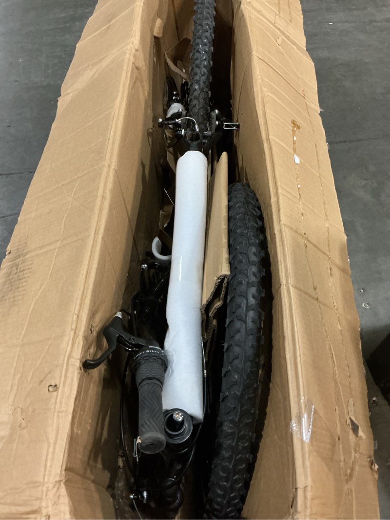 Condition photo showing As Is for huffy stone mountain hardtail mountain bike for boys/girls/men/women, 20"/24"/26" sizes, 6 or 21 speed shimano twist shifting, front or dual suspension, comfort saddle, sleek colors 26" matte black