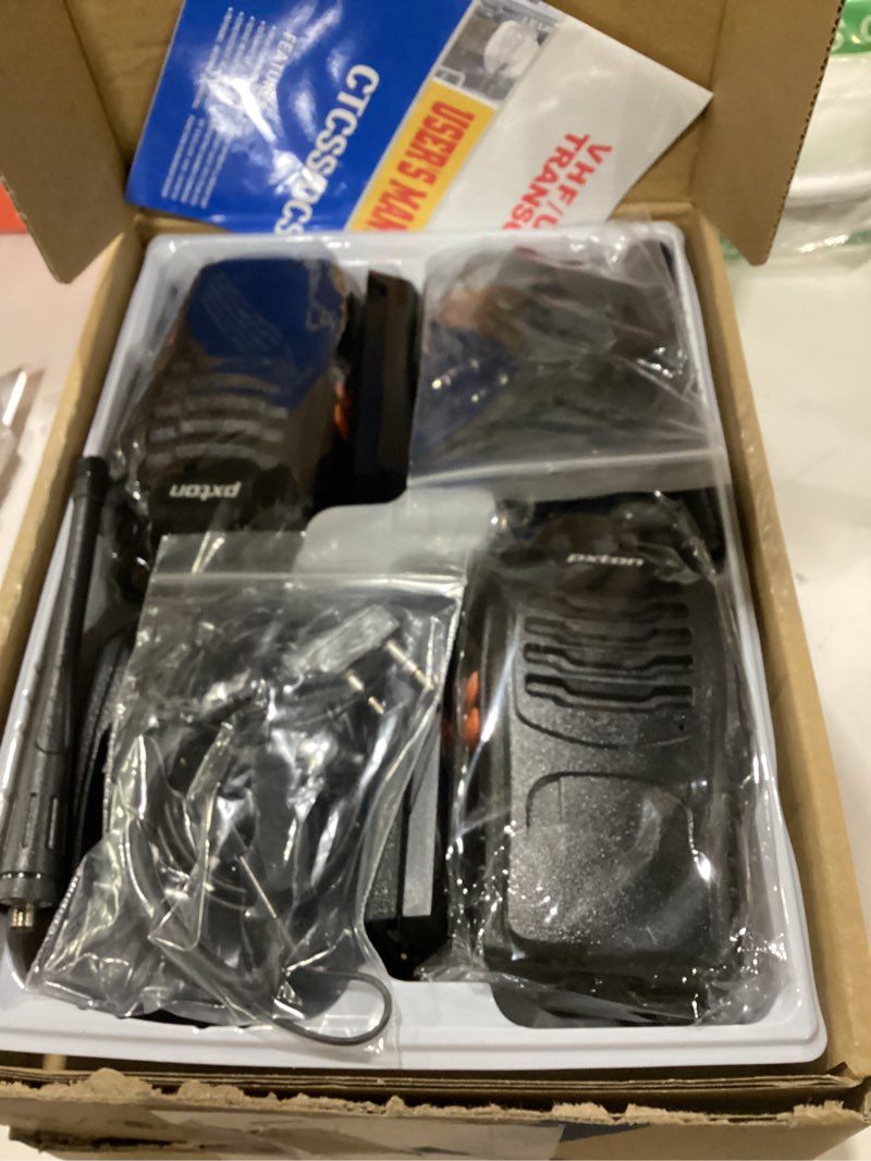Condition photo showing As Is for pxton walkie talkies long range for adults with earpieces,16 channel walky talky rechargeable handheld two way radios with flashlight li-ion battery and charger?4 pack?
