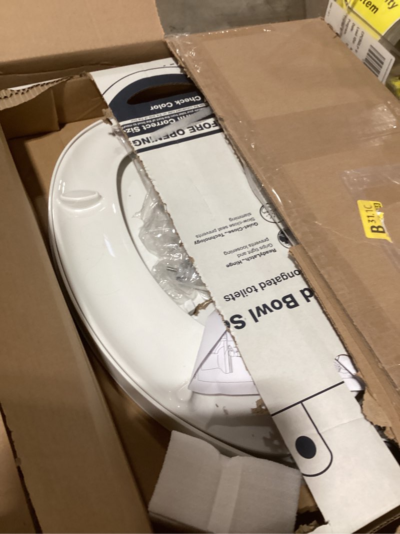 Condition photo showing As Is for KOHLER K-26801-0 Impro ReadyLatch Quiet Close Elongated Toilet Seat, White Toilet Seat, Grip-Tight B