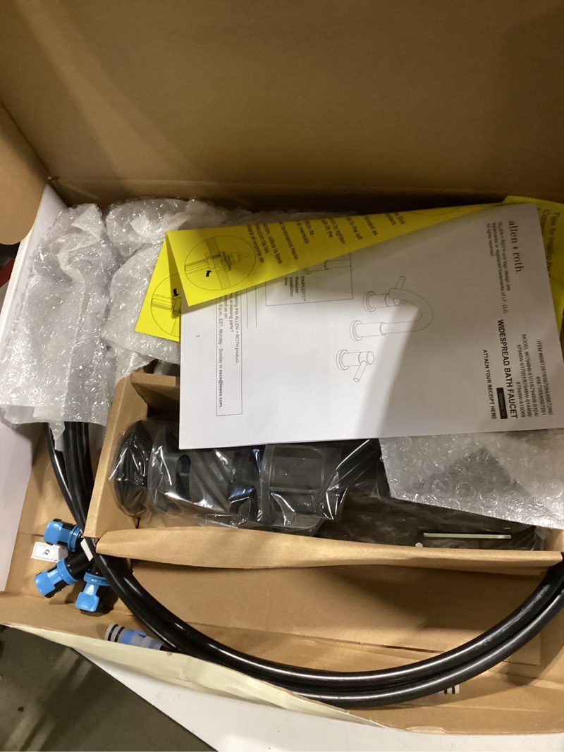 Condition photo showing Good Condition for allen + roth harlow simplefit matte black widespread 2-handle watersense mid-arc residential handle bathroom sink faucet with drain item #6567286 | model #67948w-617001