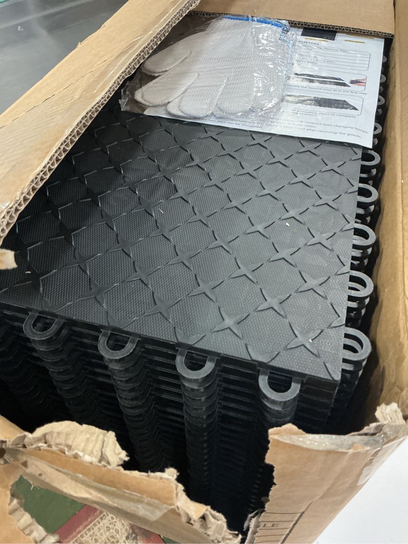 Condition photo showing Good Condition for Garage Floor Tiles, 60Pack 12" x 12" Interlocking Flooring Tile, Non-Slip Diamond Plate Floor Covering for Garages, Warehouse, Basements, Gyms Black