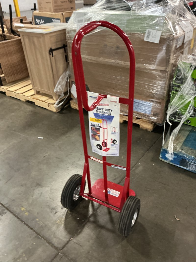 Condition photo showing As Is for milwaukee 800-lb capacity 2-wheel red steel heavy duty hand truck