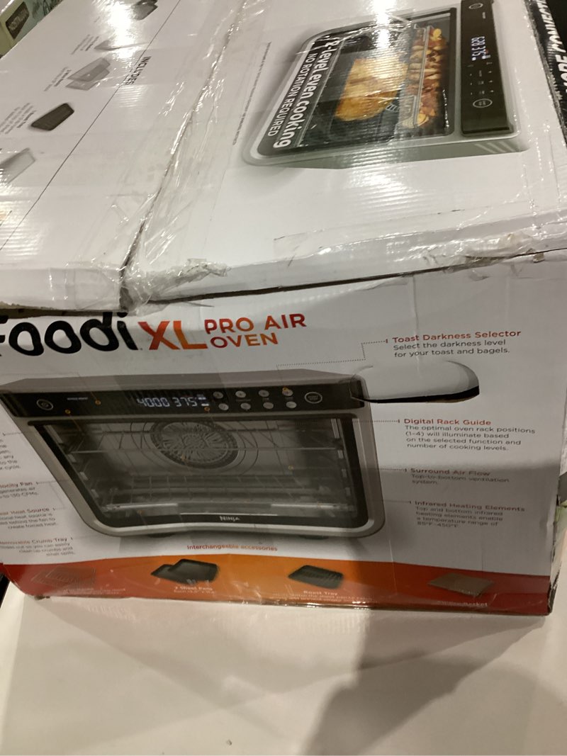 Condition photo showing As Is for Ninja Air Fryer & Toaster Oven | Foodi Series, XL Pro Air Oven Kitchen Countertop Convection | 10-in-1 Functions | Fits a 5-lb Chicken & Sheet Pan of Vegetables | 1800 Watts | Stainless Steel | DT201