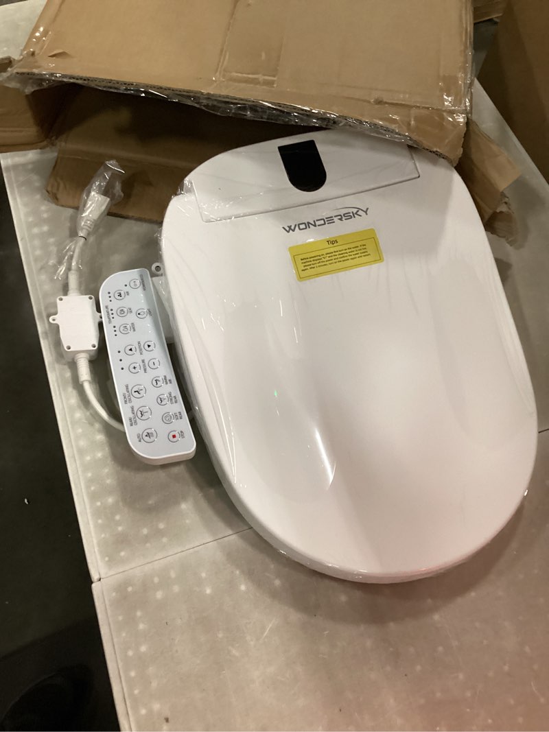 Condition photo showing New/Like New for round bidet toilet seat, smart heated toilet seat with warm water and dryer, soft close bidet seat with adjustable temperature, stainless steel nozzle
