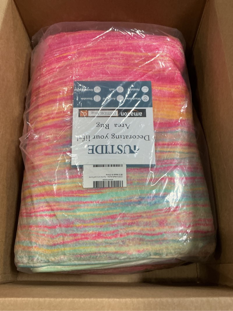 Condition photo showing Good Condition for ustide kids rug rainbow rug 4x6ft pink soft kids carpet for bedroom girls washable living room area rug colorful striped playroom 4' x 6' (rectangular) colorful rainbow