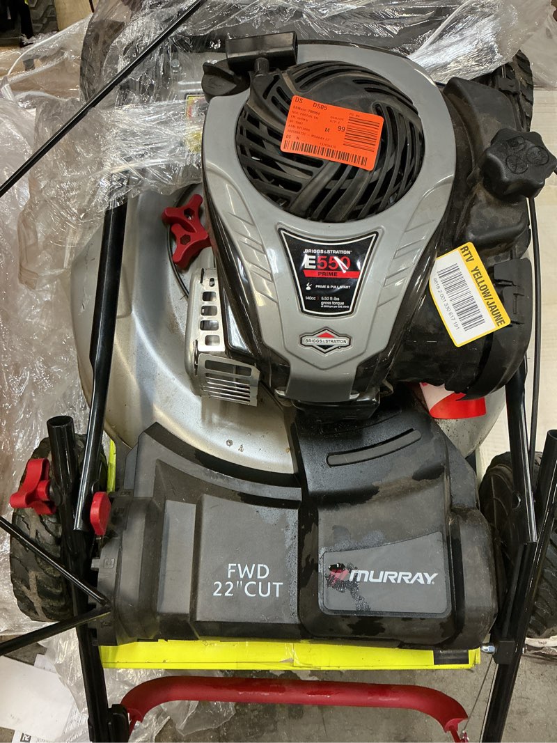 Condition photo showing As Is for 21 in. 140 cc briggs and stratton walk behind gas push lawn mower with height adjustment and prime 'n pull start