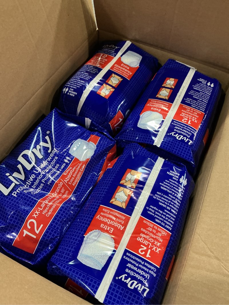 Condition photo showing New/Like New for LivDry XXL Overnight Adult Diapers for Women and Men, Incontinence Underwear, XX-Large, 48-Pack