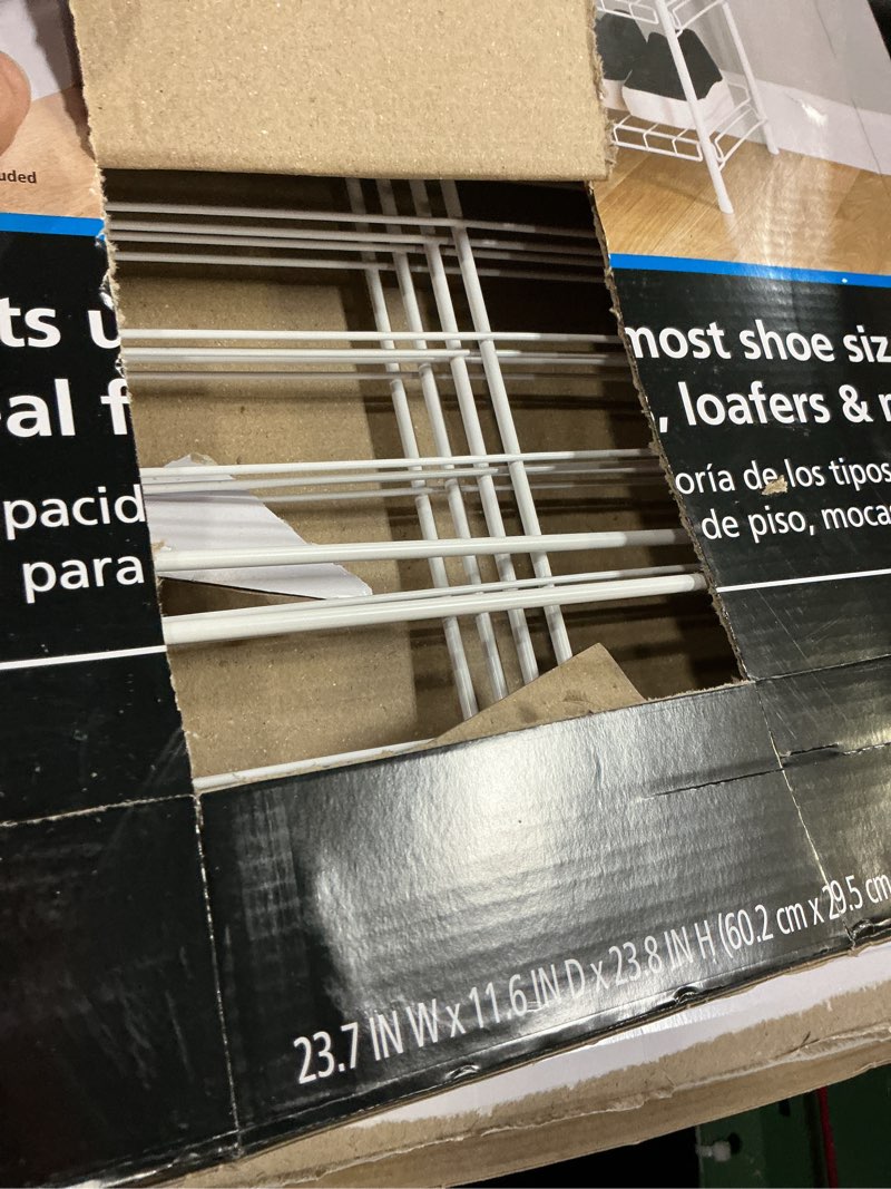 Condition photo showing As Is for mainstays 4-tier steel wire shoe organizer  holds up to 12 pairs  arctic white