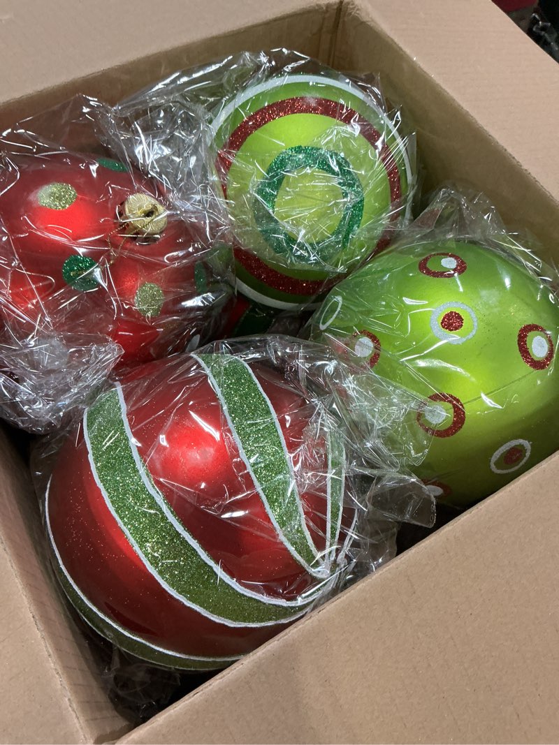 Condition photo showing Good Condition for 8 Pcs 6" Large Christmas Balls Ornaments Lime Green Elf Red Peppermint Candy Ball Ornaments Shatterproof Plastic Christmas Tree Decoration for Xmas Party Decoration(Lime Green)