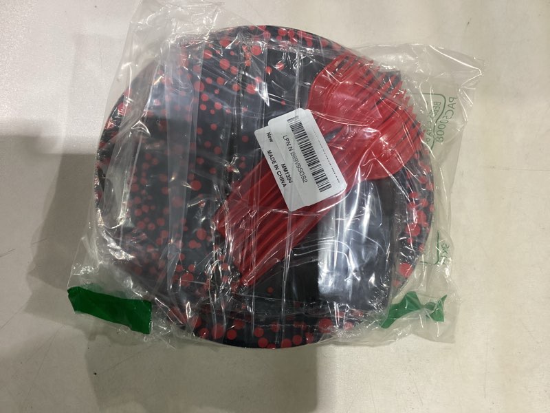 Condition photo showing As Is for 96 pcs black and red party plates and napkins party supplies red dot on black party birthday tableware set decorations favors for birthday baby shower serves 24 red dot & black