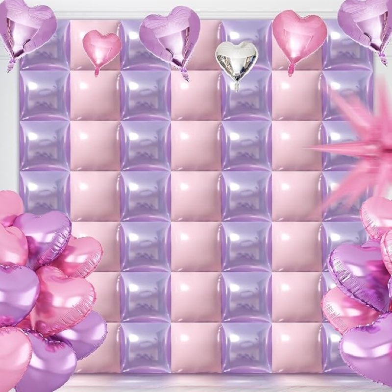 50PCS Pink and Purple Square Foil Balloon Wal Backdrop with Reusable DIY Mylar Double Side Balloons 