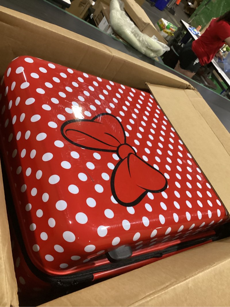 Condition photo showing As Is for disney store official 21-inch hardside carry on luggage with spinner wheels and retractable handle, carry on suitcase for travel - minnie mouse, polka dot print, embossed bow minnie carry-on 21 inch