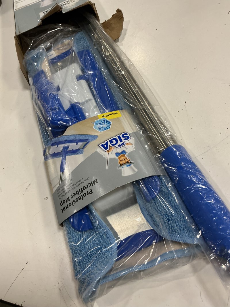Condition photo showing New/Like New for mr.siga professional microfiber mop for hardwood, laminate, tile floor cleaning, stainless steel telescopic handle - 3 reusable flat mop refills and 1 dirt removal scrubber included blue
