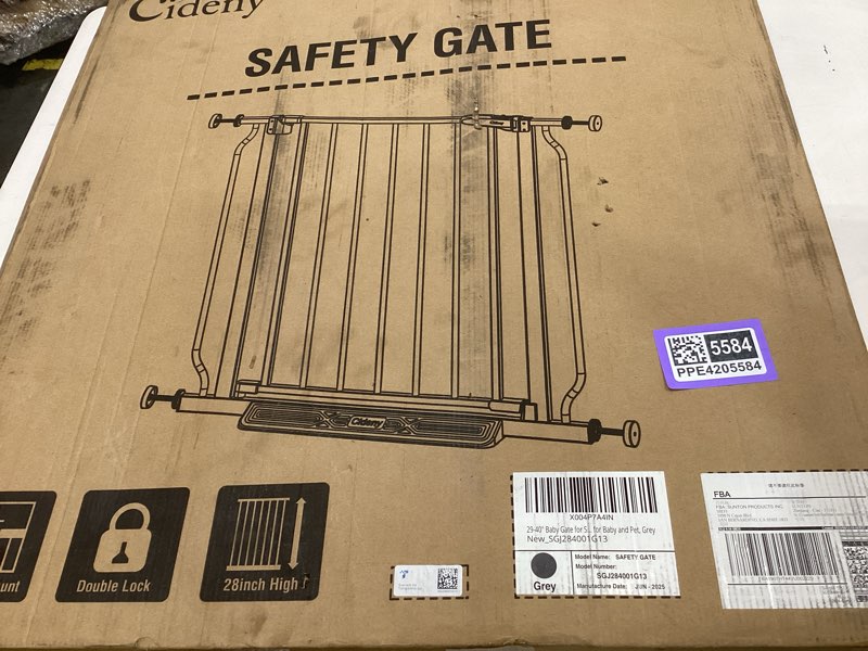Condition photo showing Good Condition for 29"-40" baby gate for stairs, auto close stroller friendly dog gate indoor for doorways, pressure mounted baby gate, easy walk through gate for children & pets, grey gray 29-40"wide, 28"tall