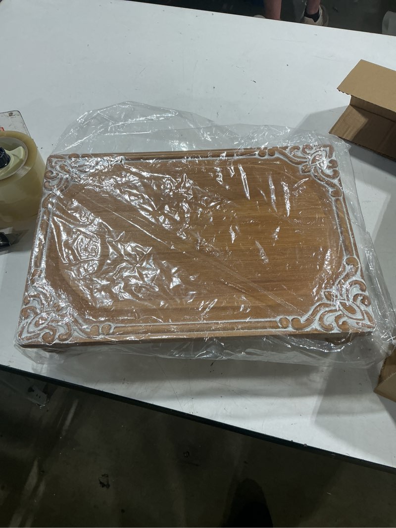 Condition photo showing Good Condition for nikky home rustic wooden pedestal stand, farmhouse wood riser 15 x 10 inch | vintage brown carved edge decorative display stand for kitchen bathroom dining room coffee bar counter table centerpiece