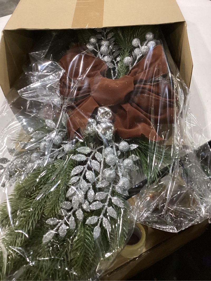 Condition photo showing New/Like New for Hiboom 3 Pack Artificial Christmas Teardrop Swags 24" Xmas Cordless Prelit Stairway Swag Christmas Garland Stairs Rails Decoration with LED Lights for Indoor Outdoor(Brown,Classic Style) Brown Classic Style