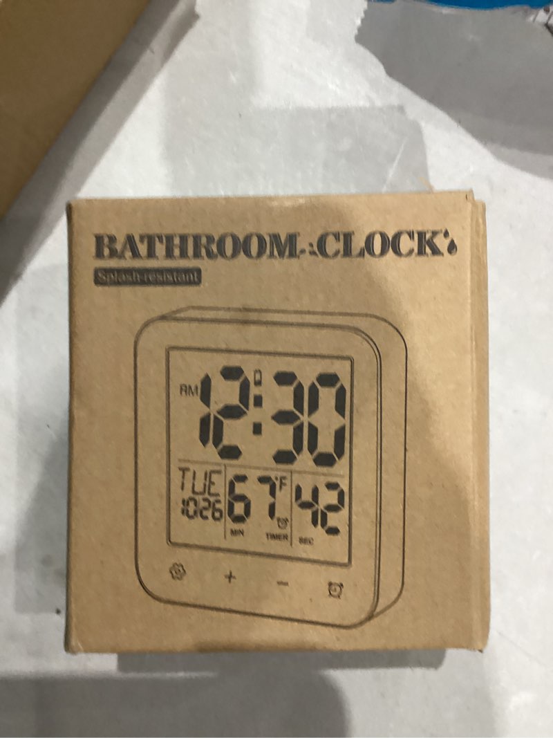 Condition photo showing Good Condition for Waterproof Shower Clock Timer, Bathroom Clock with Countdown, Touch Screen, Indoor Temperature, Suction Cup, LCD Digital Wall Clock for Bath, Kitchen Black