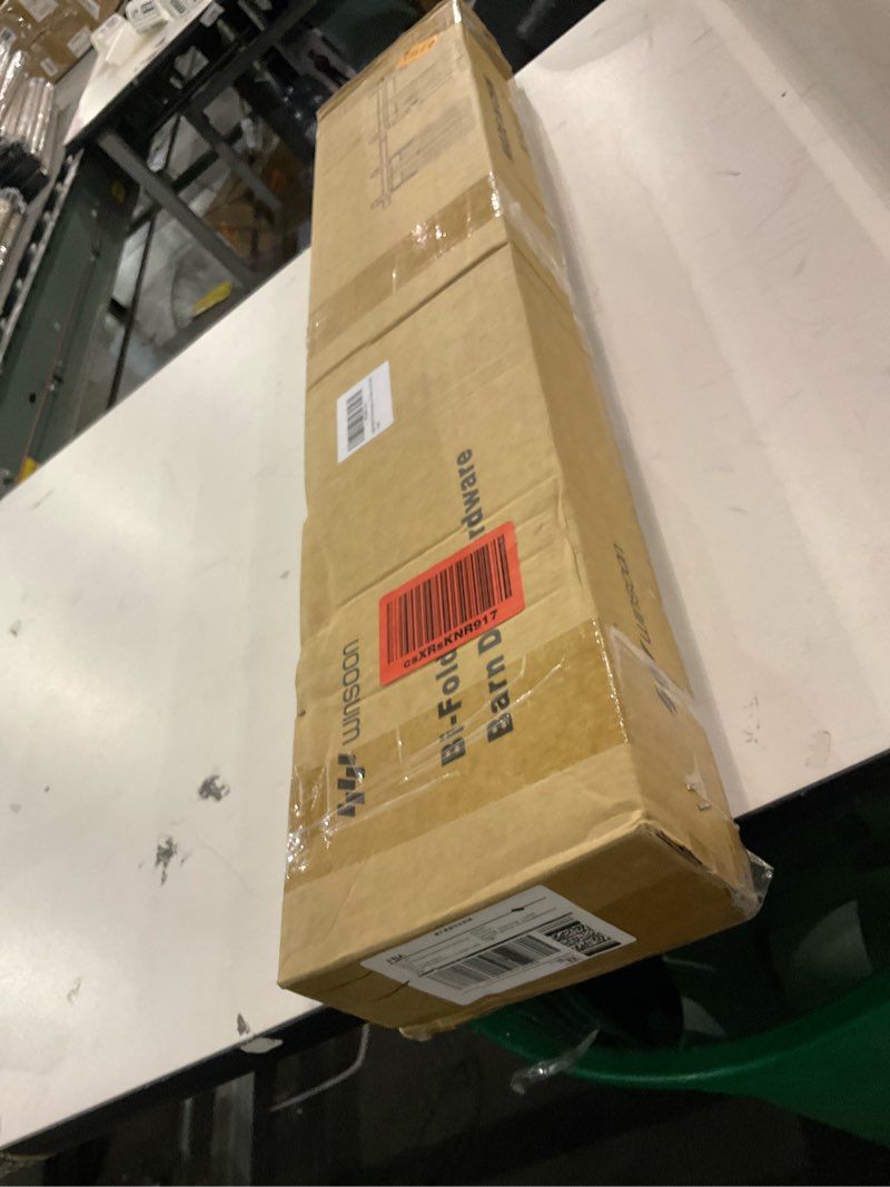 Condition photo showing As Is for WINSOON Bifold Barn Door Hardware: Smooth Quiet Bi-fold Barn Door Hardware Kit - 60" Black Bi Fold Sliding Track Set for 56" Closet Doors - Black Folding System - Antique Style Without Doors 60" track for 4 doors (hardware only) top mount