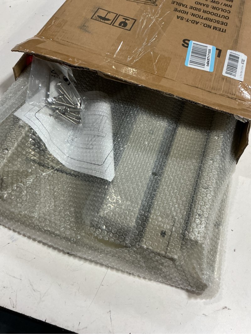 Condition photo showing Good Condition for lzrs square patio side table, heavy duty hdpe outdoor end table with wood texture, weatherproof composite table for adirondack chairs, deck, pool, indoor/outdoor, no peeling or cracking(sand) a:square table sand