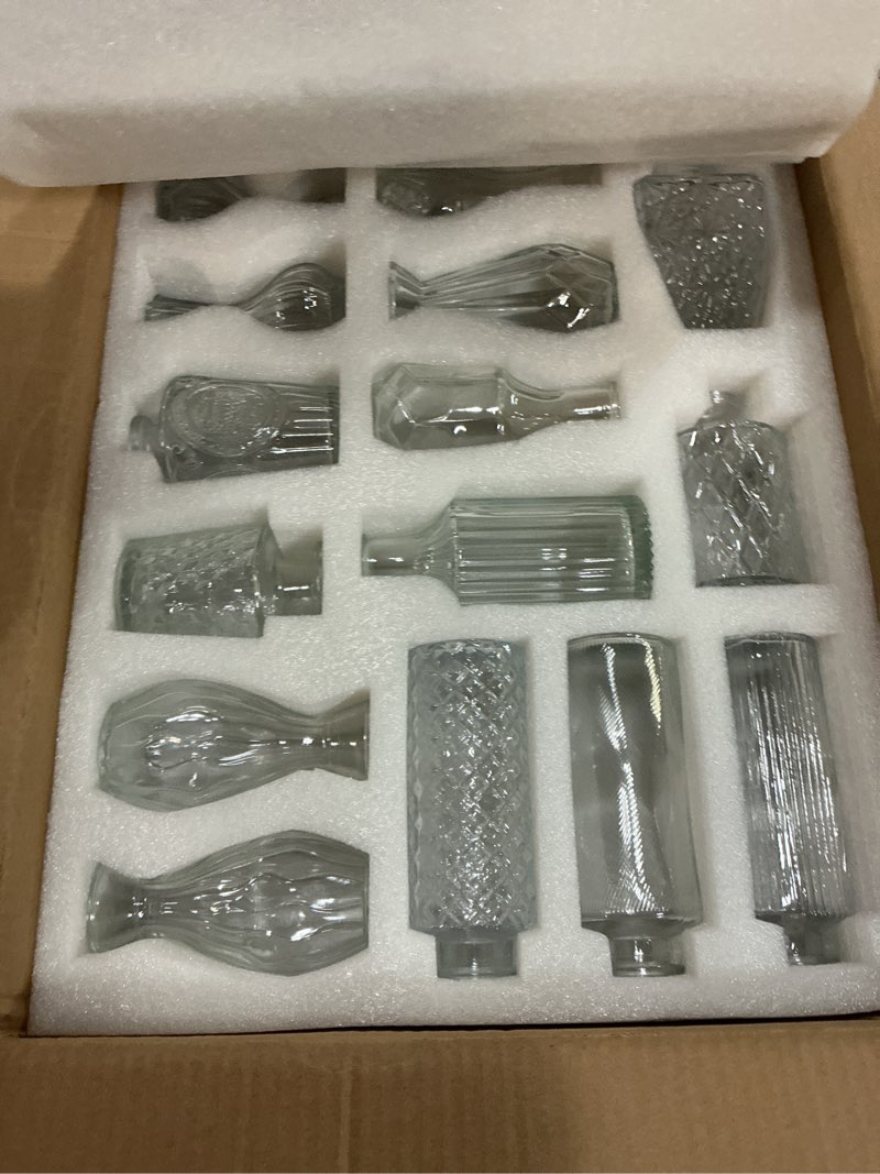 Condition photo showing New/Like New for 36pcs bud vases set small vintage glass bottles clear bud vases in bulk multiple shape cute glass vases for rustic wedding centerpieces table decorations and home decor(clear)