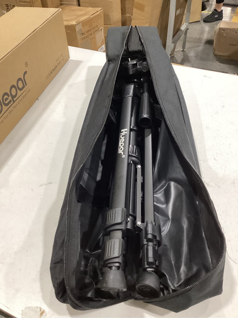 Condition photo showing Good Condition for huepar 60-inch lightweight tripod portable adjustable tripod for laser level with 3-way swivel pan head, 2 bubble levels, 1/4\" and 5/8\" thread mount for varieties tools, only for indoor basic work