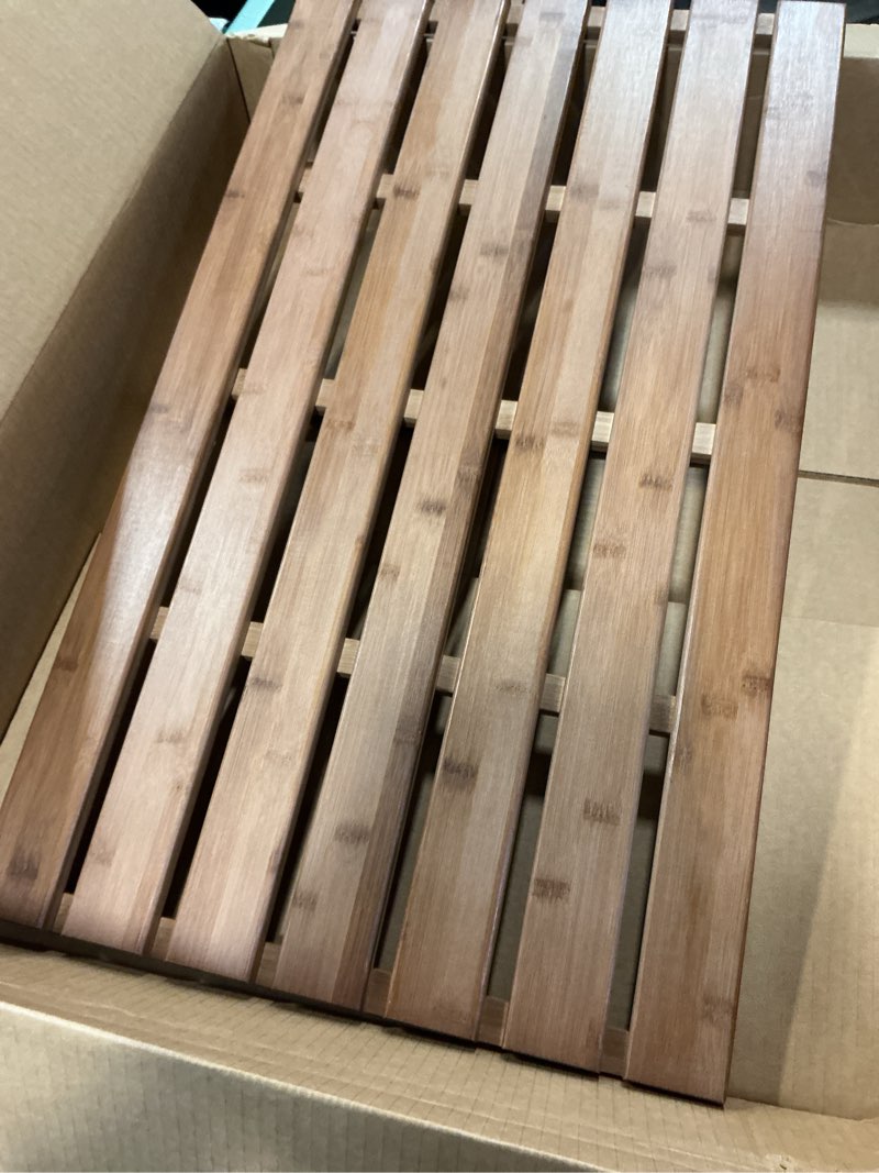 Condition photo showing As Is for Perfnique Teak Shower Mat, Wood Bath Mat, Non-Slip Shower Mats for Inside Shower & Bathtub, Waterproof Wooden Bath Mat for Spa Home or Outdoor ,(Rectangular)