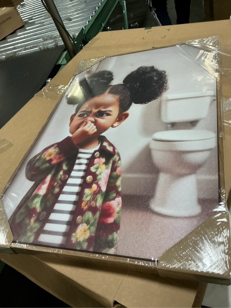 Condition photo showing New/Like New for framed funny black girl bathroom canvas wall art humor african american kids stank face bathroom unpleasant smell cover nose picture wall decor print artwork for kids washroom toilet home decor framed girl 24"l x 16"w