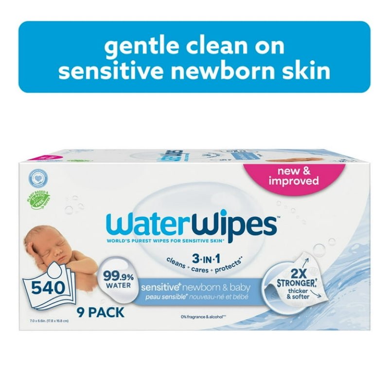 WaterWipes Sensitive Newborn & Baby Wipes, 3-In-1 Cleans, Cares, Protects, 99.9% Water, Unscented & Hypoallergenic, 11-Packs (540 Wipes)
