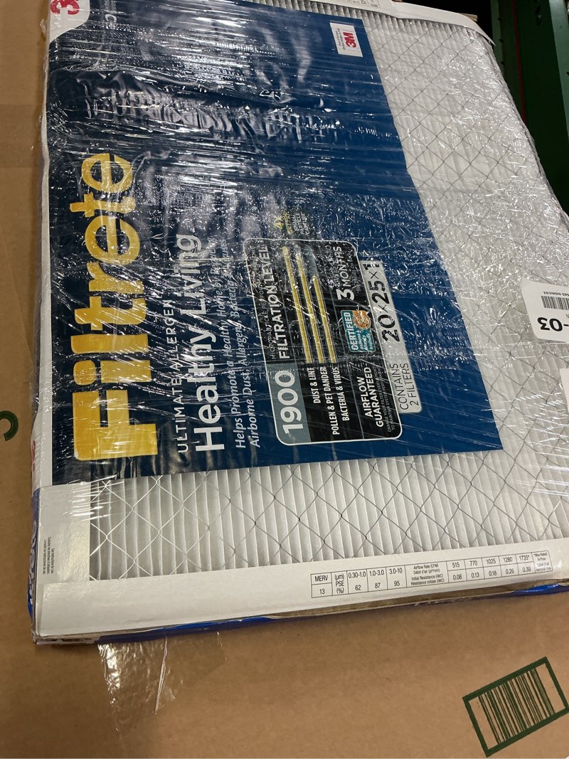 Condition photo showing As Is for filtrete 20x25x1 air filter, merv 13 mpr 1900, allergens, bacteria, viruses & air pollutants, 3-month ac/furnace filters, cleaner air reliable airflow, 2 hvac filters(act size 19.62x24.62x0.78 in)