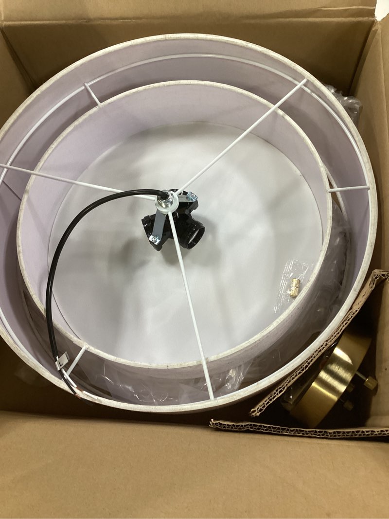 Condition photo showing As Is for 16.5'' Semi Flush Mount Ceiling Light, 3-Light Gold Ceiling Light Fixtures, Farmhouse Close to Ceiling Light with Linen Shade, Modern Drum Ceiling Light for Living Room/Hallway/Bedroom/Dining Room beige linen