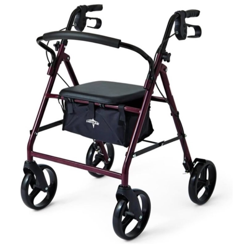 Medline Steel Rollator Walker for Adult Mobility Impairment, Burgundy, 350 lb. Weight Capacity, 6” W